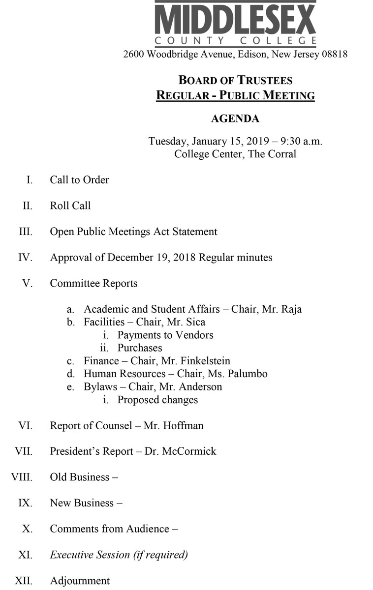 Board Of Trustees Meeting Agenda January 2019