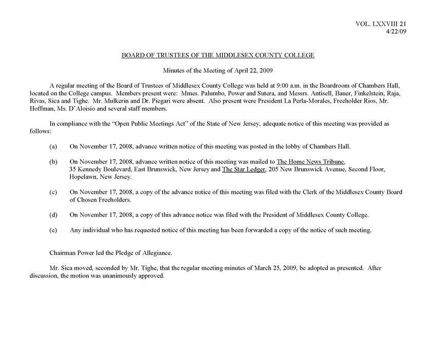 Board of Trustees Meeting Minutes April 2009 - Page 1
