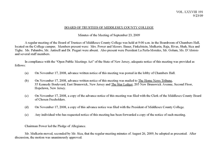 Board of Trustees Meeting Minutes September 2009 - Page 1