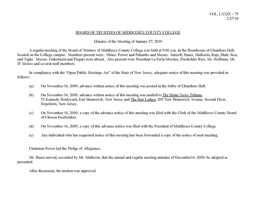Board of Trustees Meeting Minutes January 2010 - Page 1