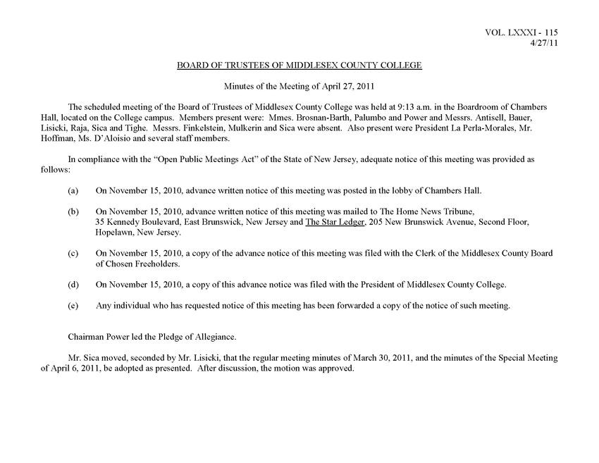 Board of Trustees Meeting Minutes April 2011 - Page 1