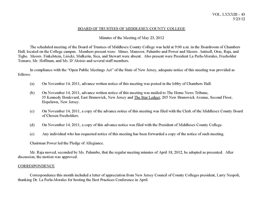 Board of Trustees Meeting Minutes May 2012 - Page 1