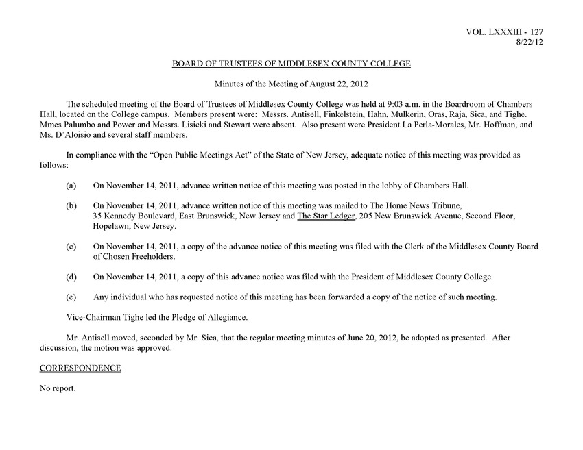 Board of Trustees Meeting Minutes August 2012 - Page 1