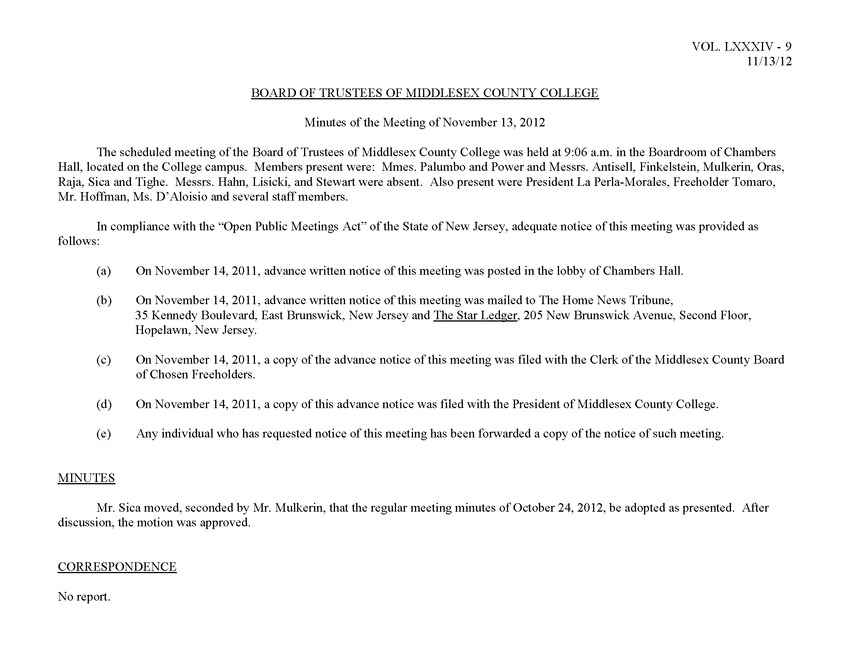 Board of Trustees Meeting Minutes November 2012 - Page 1