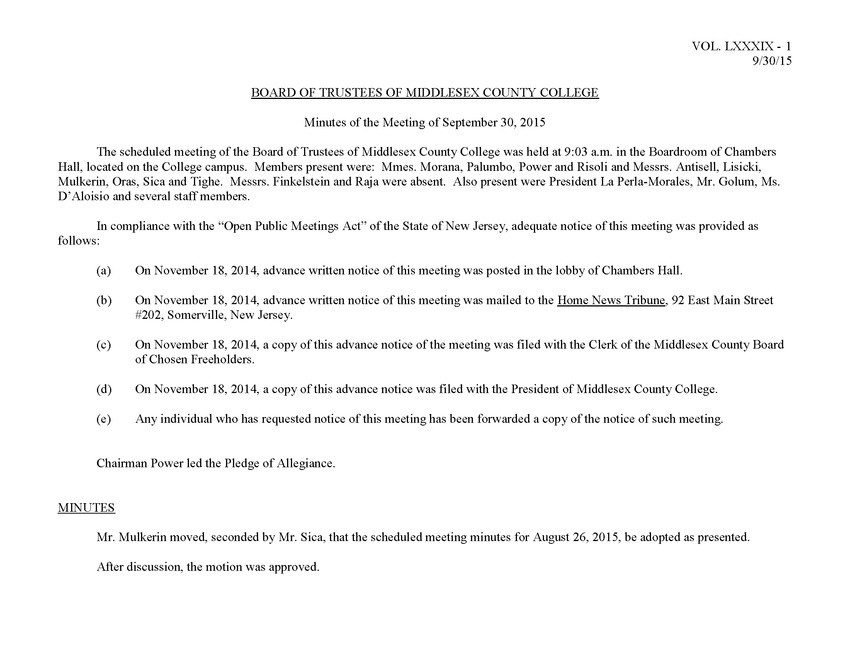 Board of Trustees Meeting Minutes September 2015 - Page 1