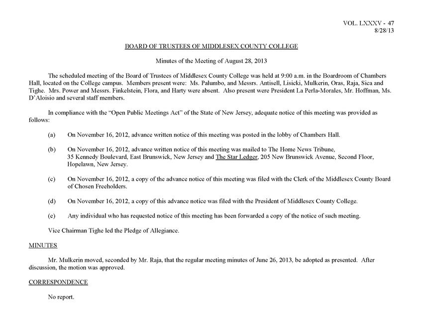 Board of Trustees Meeting Minutes August 2013 - Page 1