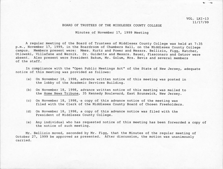 Board of Trustees Meeting Minutes November 1999 - Page 1