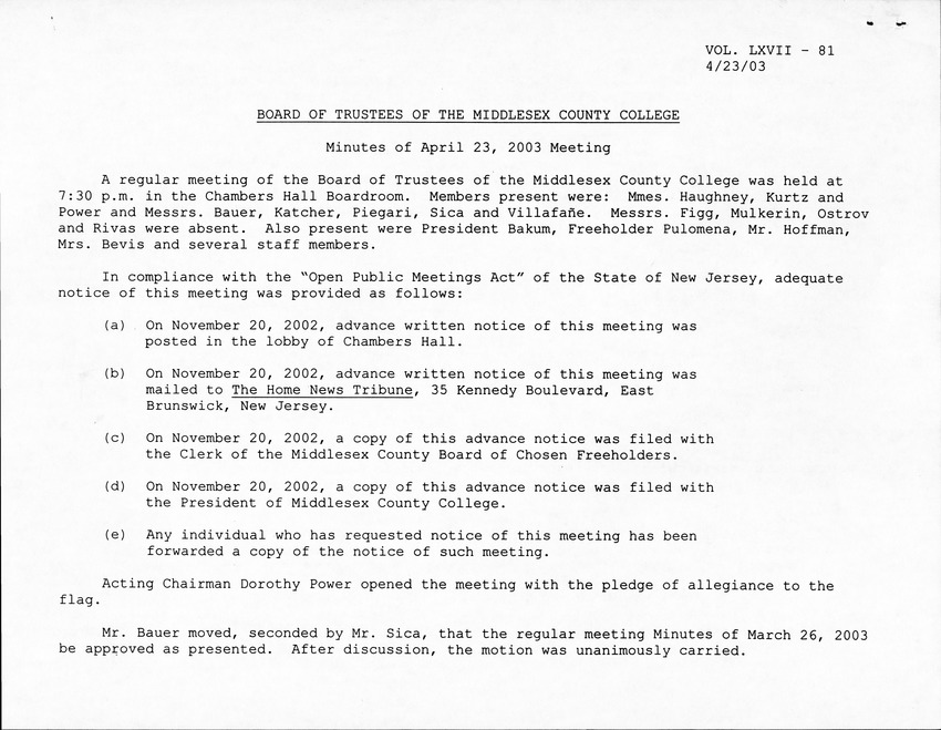 Board of Trustees Meeting Minutes April 2003 - Page 1