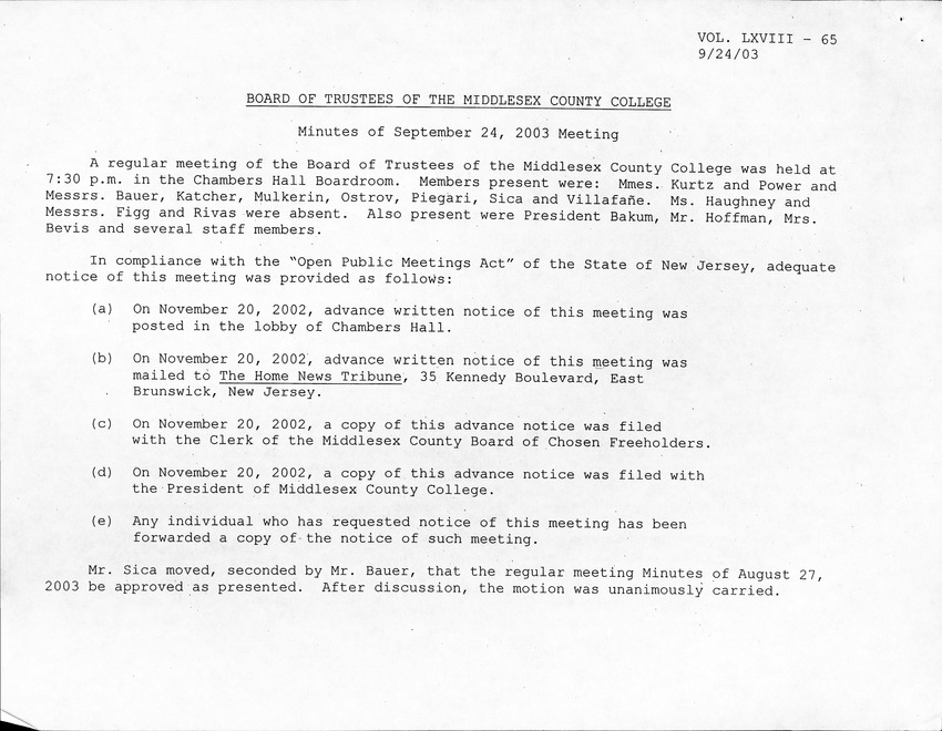 Board of Trustees Meeting Minutes September 2003 - Page 1