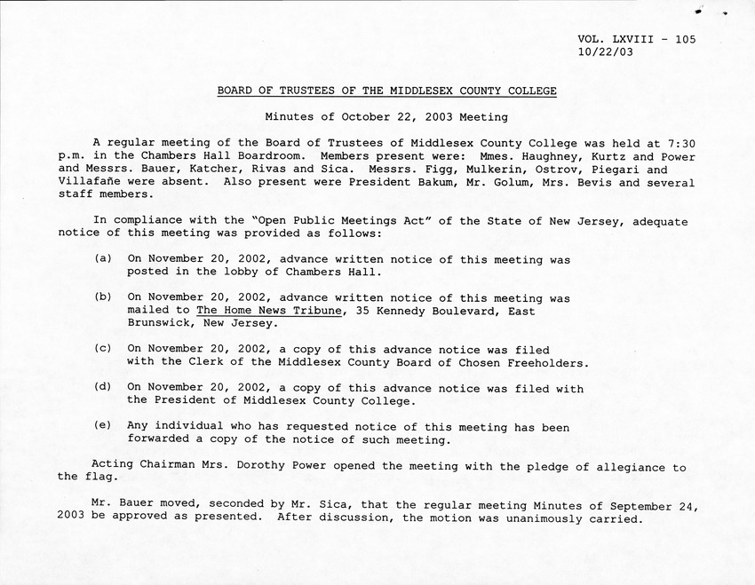 Board of Trustees Meeting Minutes October 2003 - Page 1