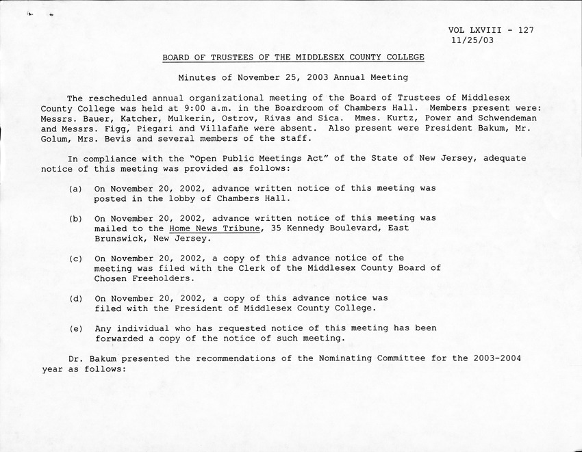 Board of Trustees Meeting Minutes November 2003 - Page 1