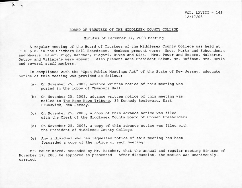 Board of Trustees Meeting Minutes December 2003 - Page 1