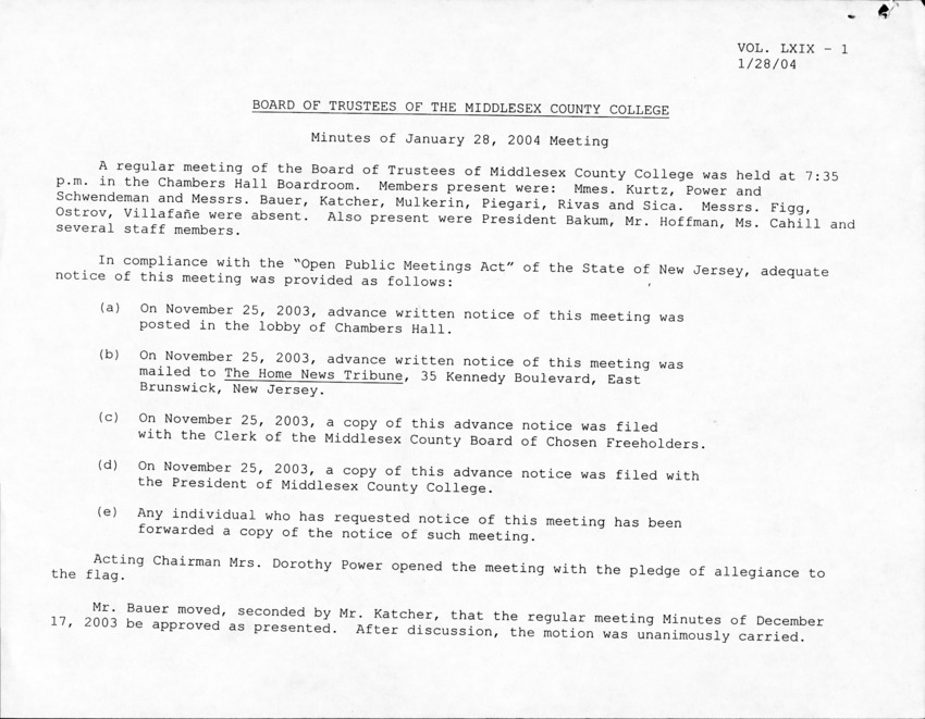 Board of Trustees Meeting Minutes January 2004 - Page 1