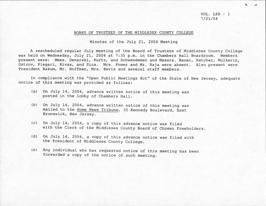Board of Trustees Meeting Minutes July 2004 - Page 1