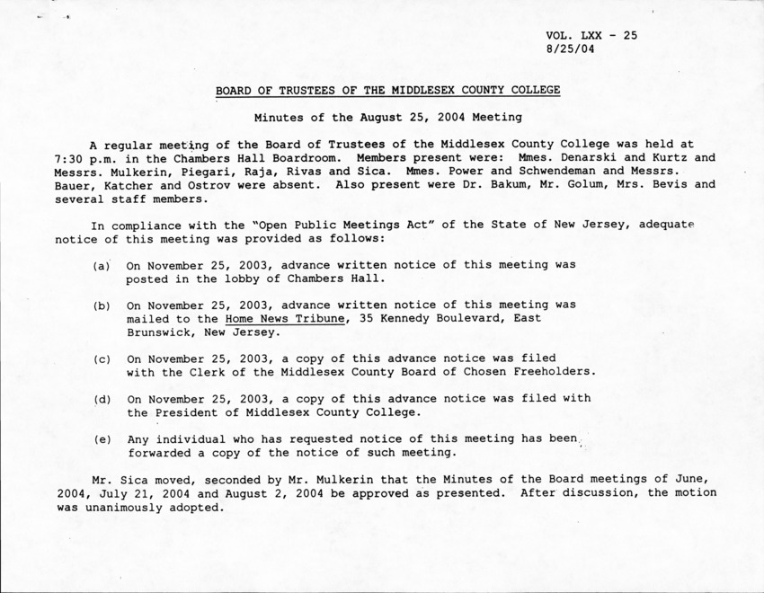Board of Trustees Meeting Minutes August 2004 - Page 1