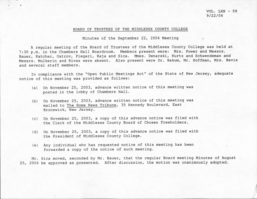 Board of Trustees Meeting Minutes September 2004 - Page 1