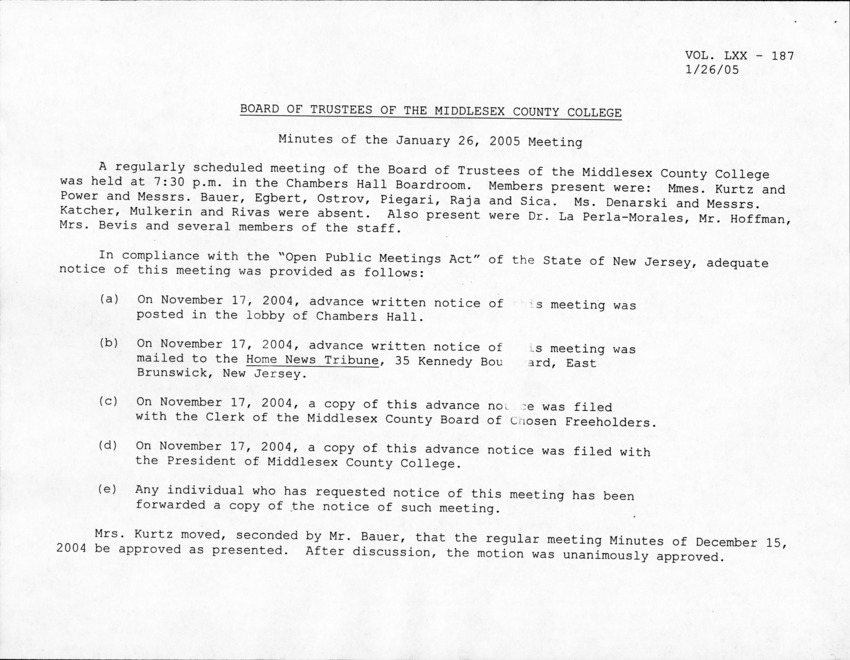 Board of Trustees Meeting Minutes January 2005 - Page 1