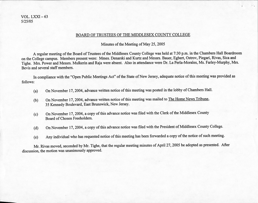 Board of Trustees Meeting Minutes May 2005 - Page 1