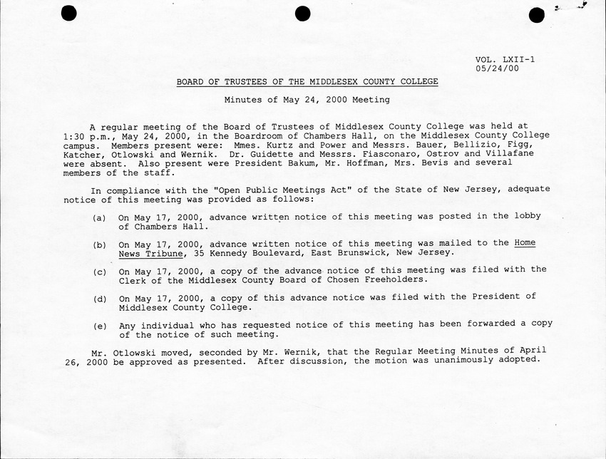 Board of Trustees Meeting Minutes May 2000 - Page 1