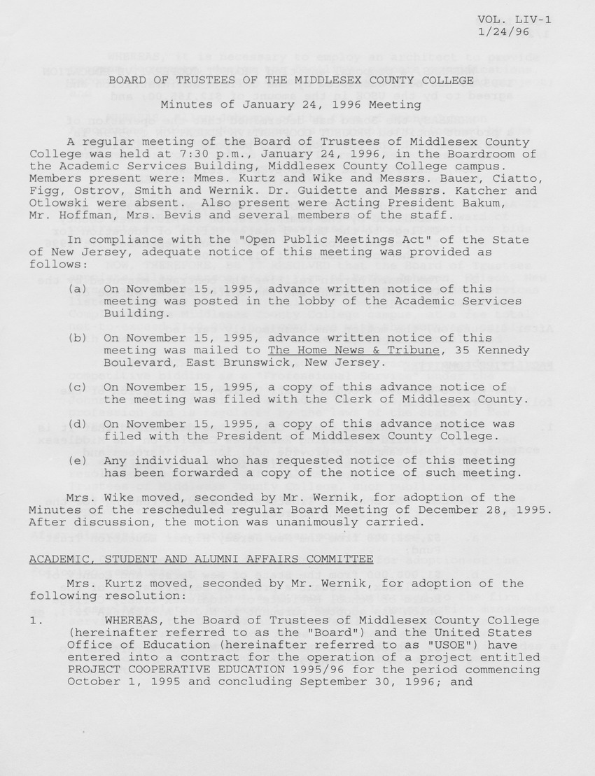 Board of Trustees Meeting Minutes January 1996 - Page 1