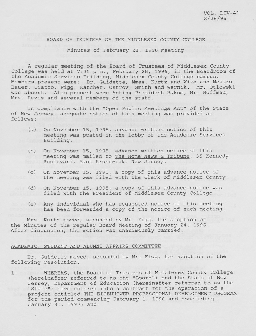 Board of Trustees Meeting Minutes February 1996 - Page 1