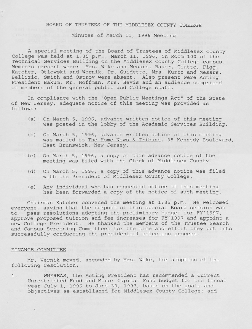 Board of Trustees Meeting Minutes March 1996 - Page 1