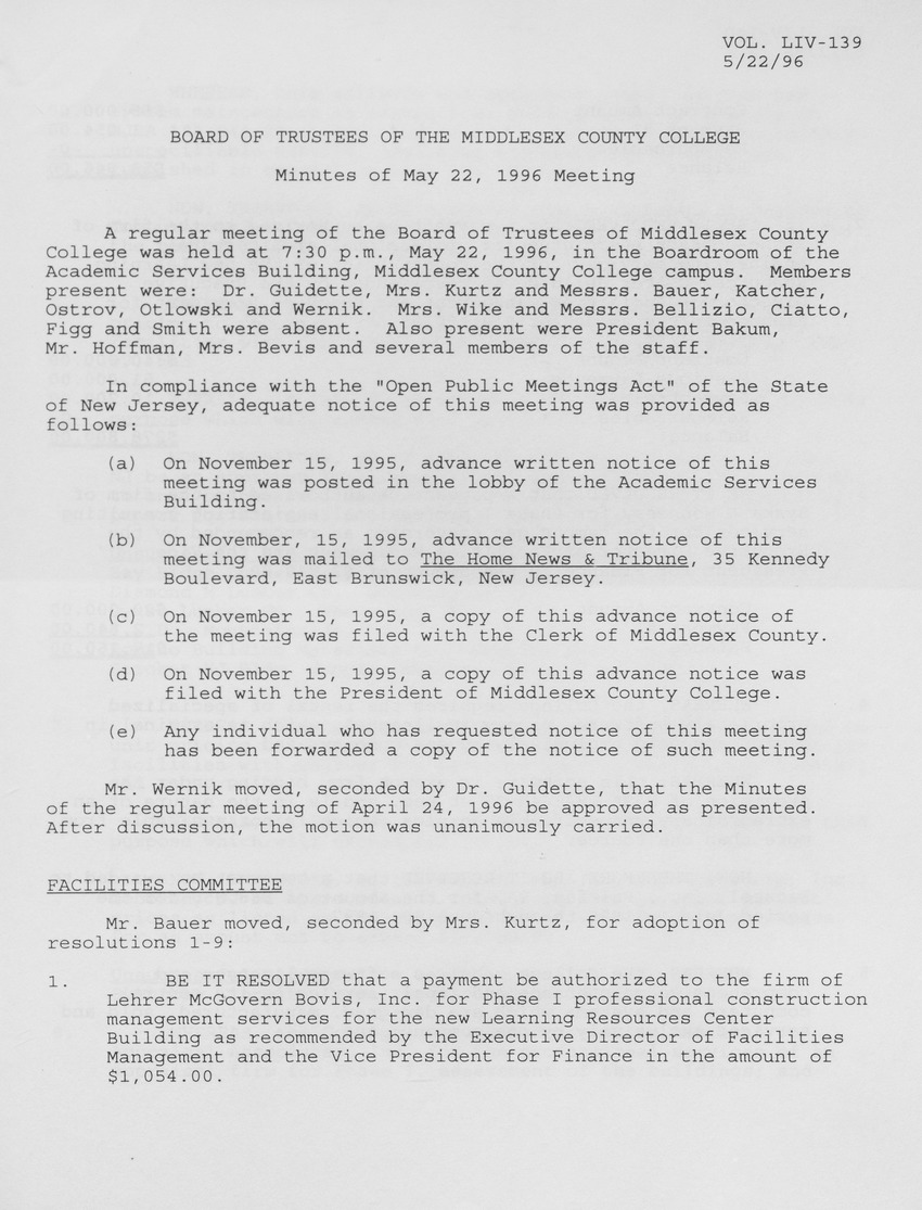 Board of Trustees Meeting Minutes May 1996 - Page 1