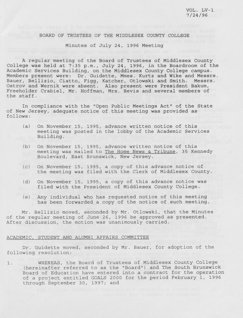 Board of Trustees Meeting Minutes July 1996 - Page 1