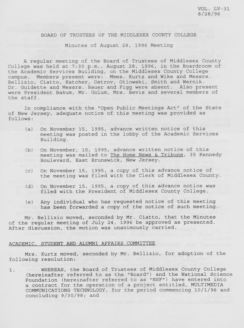 Board of Trustees Meeting Minutes August 1996 - Page 1