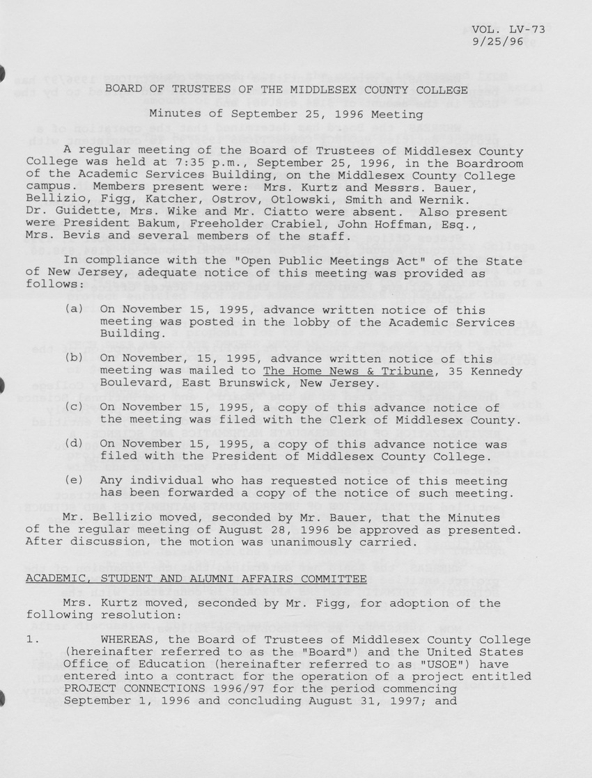 Board of Trustees Meeting Minutes September 1996 - Page 1