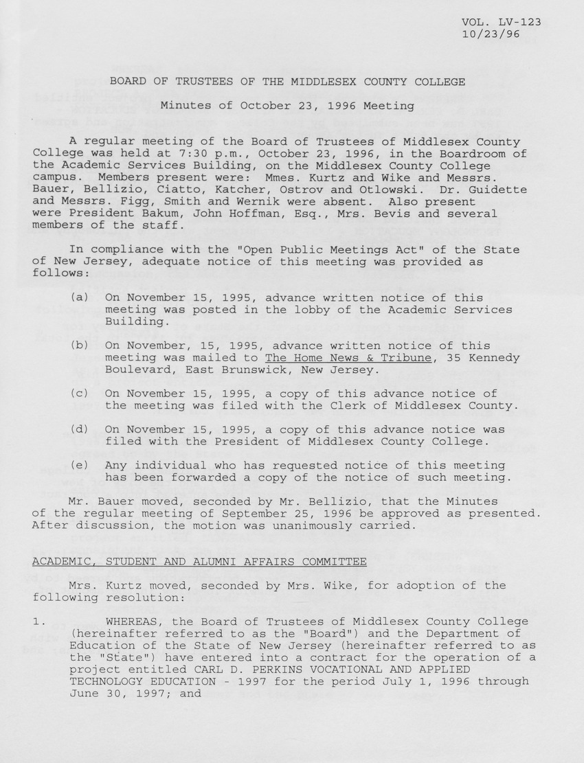 Board of Trustees Meeting Minutes October 1996 - Page 1