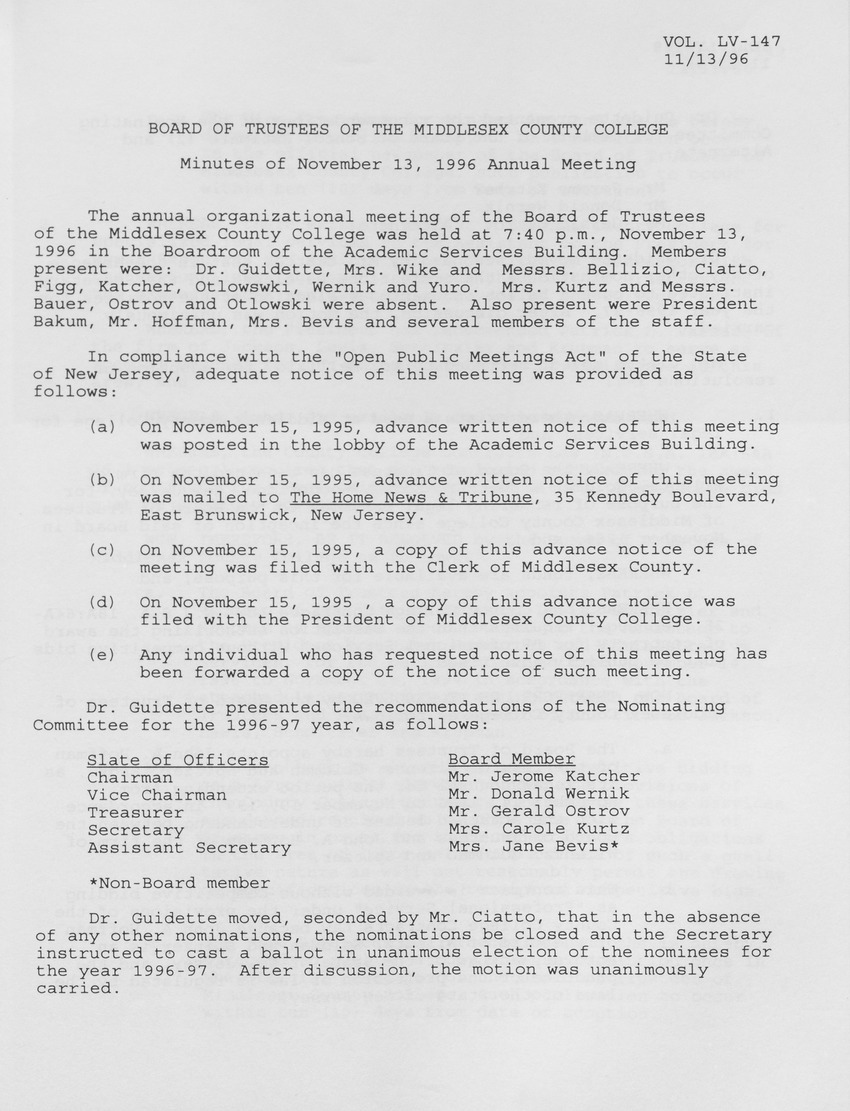 Board of Trustees Meeting Minutes November 1996 - Page 1