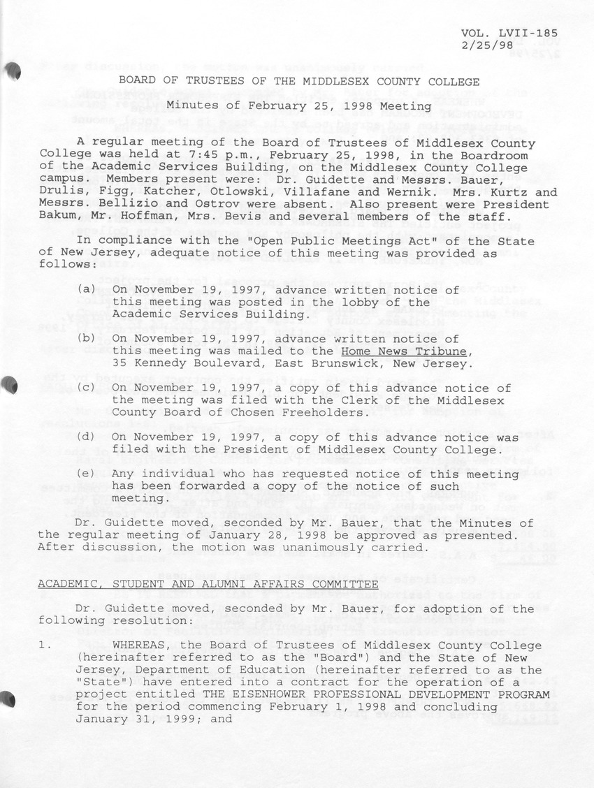 Board of Trustees Meeting Minutes February 1998 - Page 1