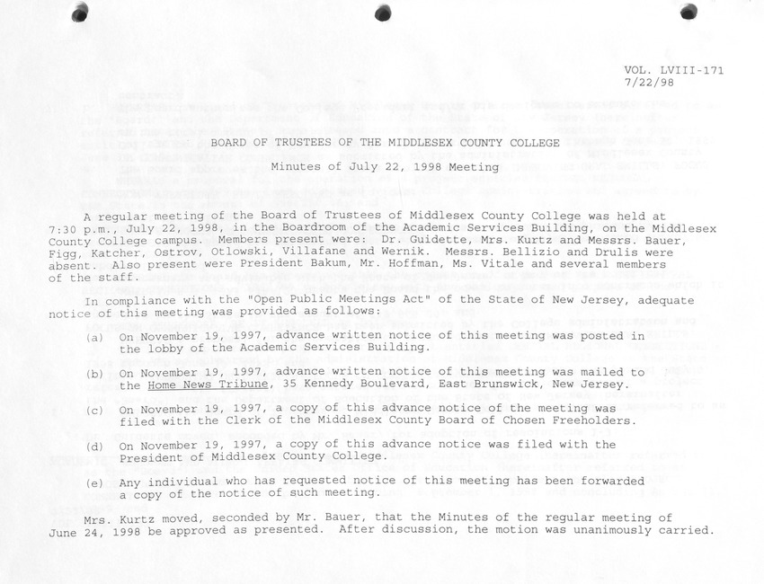 Board of Trustees Meeting Minutes July 1998 - Page 1