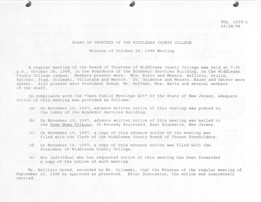 Board of Trustees Meeting Minutes October 1998 - Page 1
