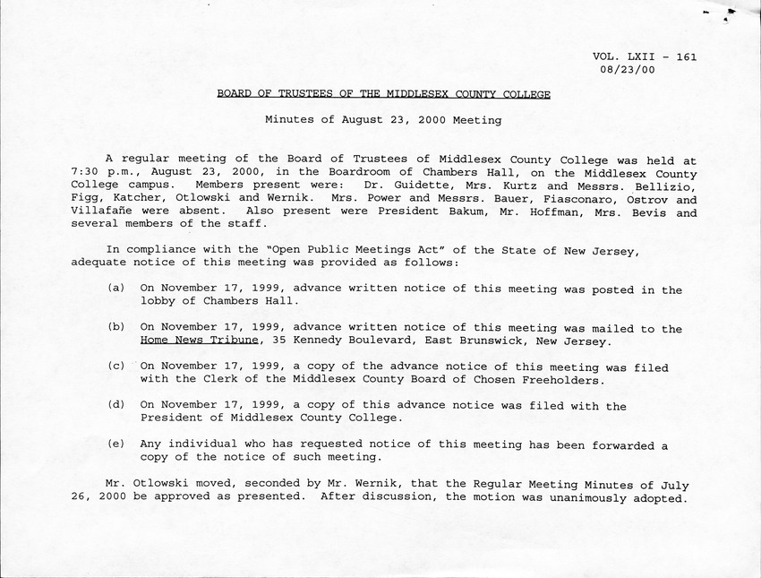 Board of Trustees Meeting Minutes August 2000 - Page 1