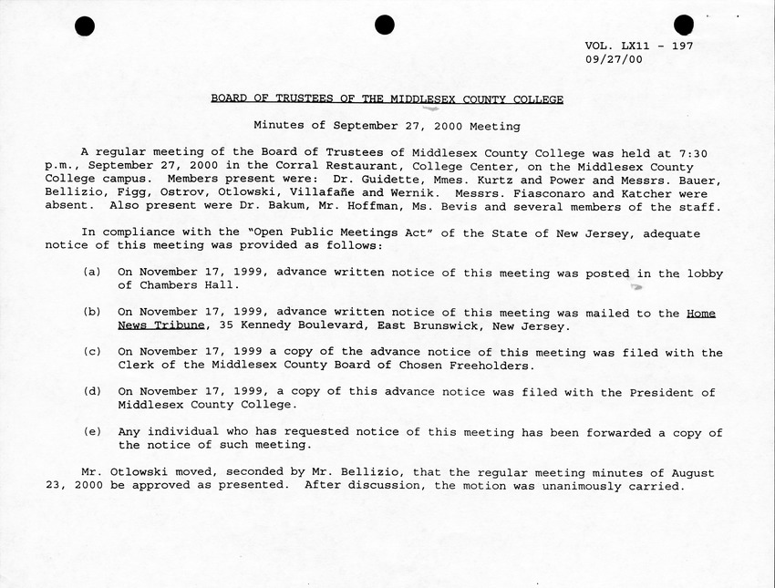 Board of Trustees Meeting Minutes September 2000 - Page 1