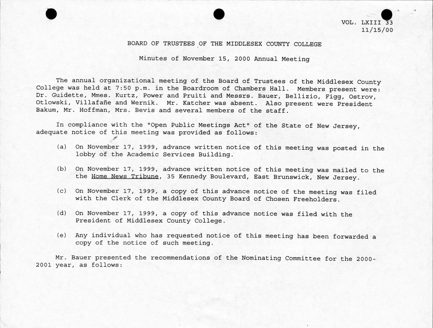 Board of Trustees Meeting Minutes November 2000 - Page 1