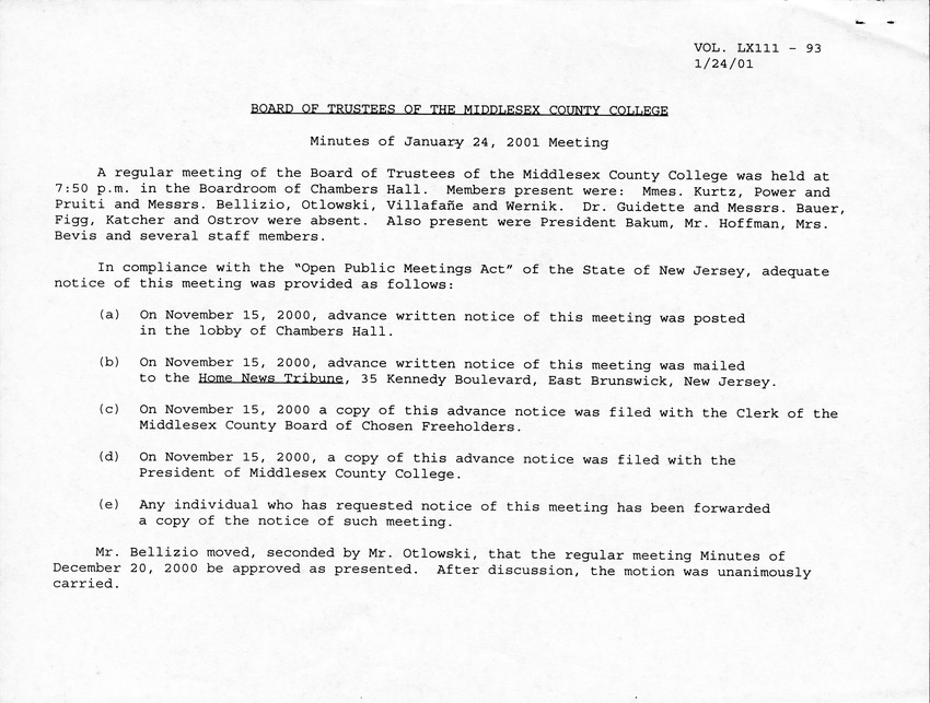 Board of Trustees Meeting Minutes January 2001 - Page 1