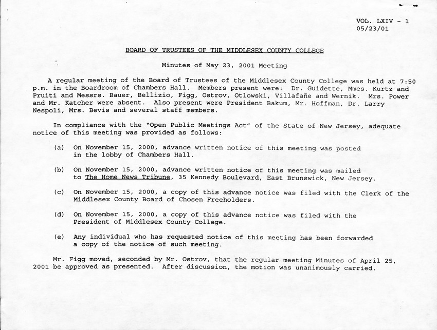 Board of Trustees Meeting Minutes May 2001 - Page 1