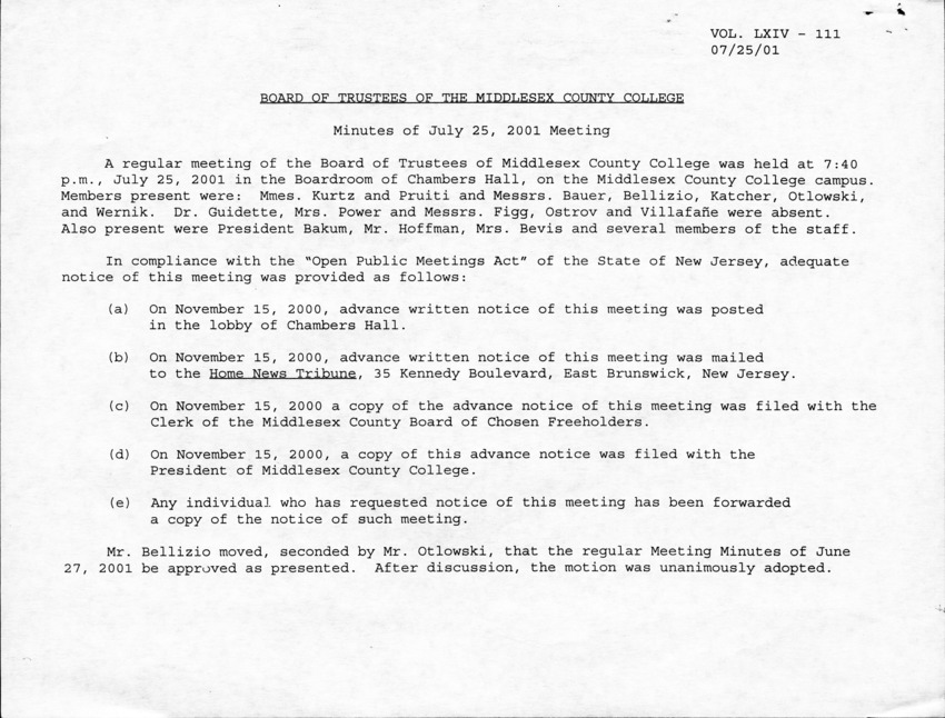 Board of Trustees Meeting Minutes July 2001 - Page 1