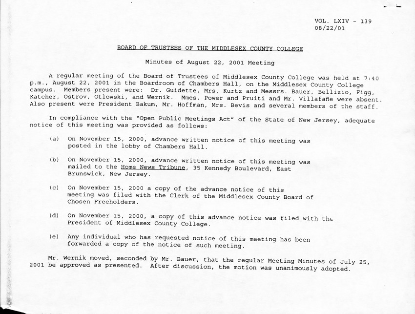 Board of Trustees Meeting Minutes August 2001 - Page 1