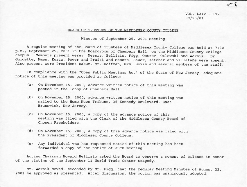 Board of Trustees Meeting Minutes September 2001 - Page 1