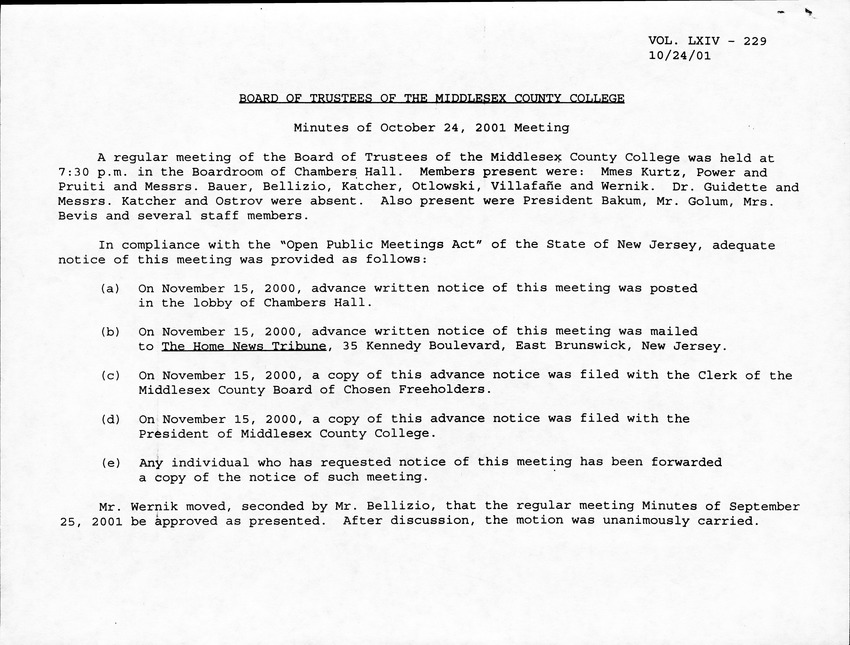 Board of Trustees Meeting Minutes October 2001 - Page 1