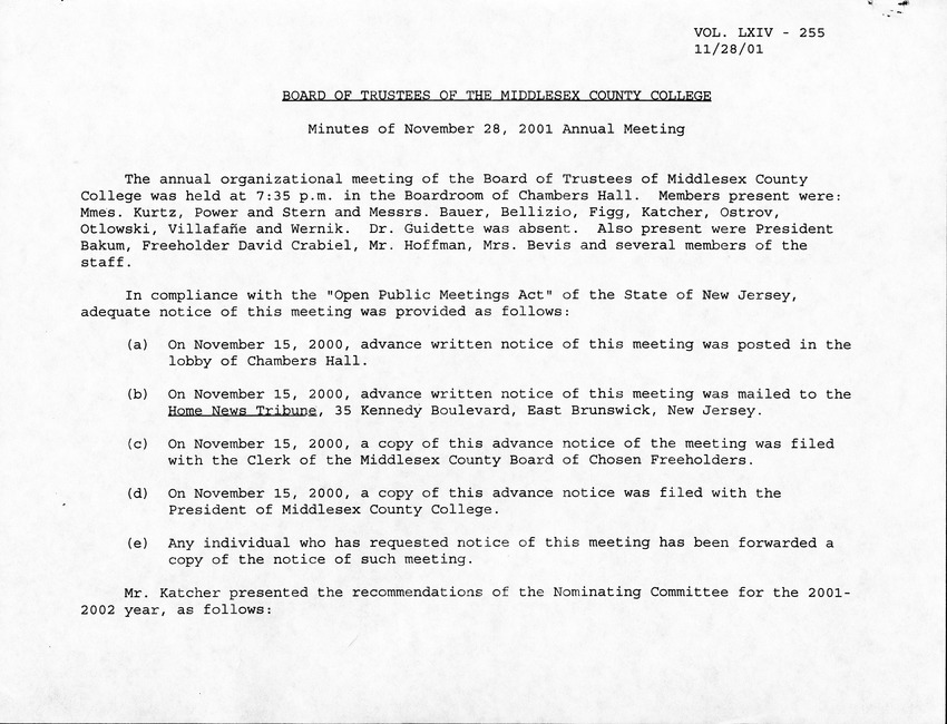 Board of Trustees Meeting Minutes November 2001 - New Page