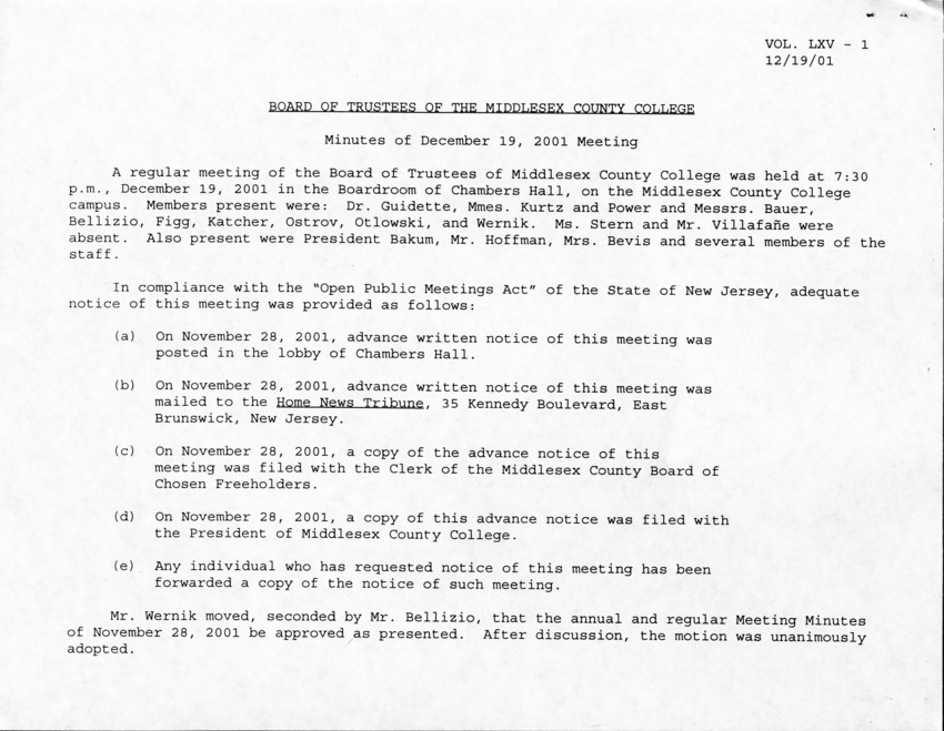 Board of Trustees Meeting Minutes December 2001 - New Page