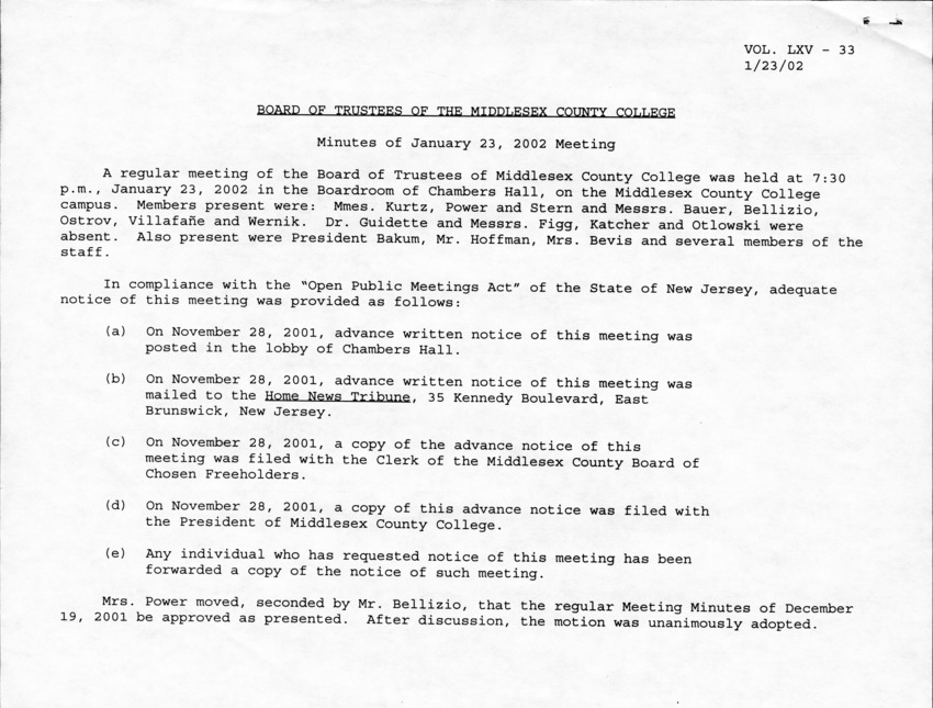 Board of Trustees Meeting Minutes January 2002 - Page 1