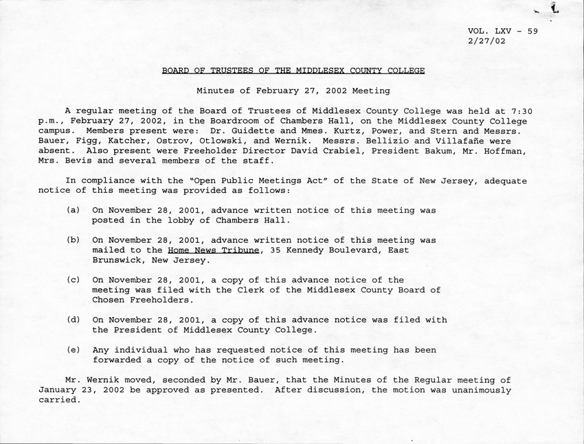 Board of Trustees Meeting Minutes February 2002 - Page 1