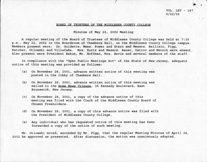 Board of Trustees Meeting Minutes May 2002 - Page 1
