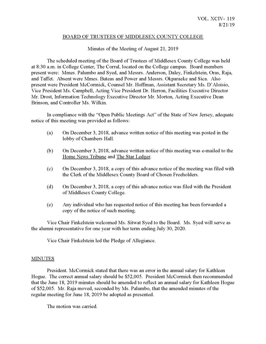 Board of Trustees Meeting Minutes August 2019 - Page 1